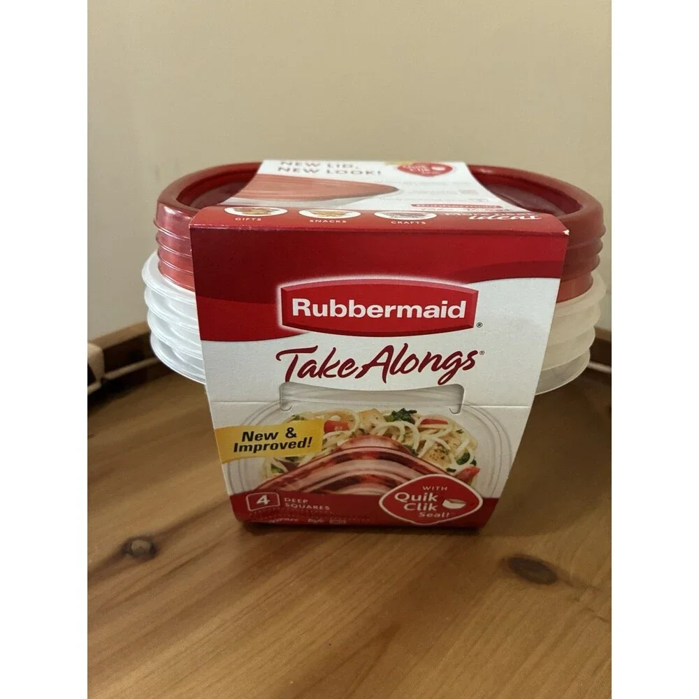 Rubbermaid TakeAlongs Set of 4 Deep Squares Clear with Red Lid 5.2 Cups NEW